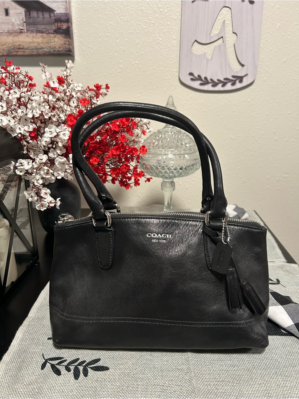 Coach❤️Mini Black Leather Double-Handle Satchel with Tassel